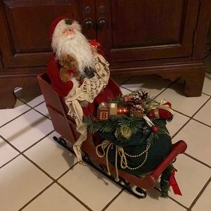 Christmas Santa in Sleigh with Gifts Wood and Metal Sleigh and Various Gifts